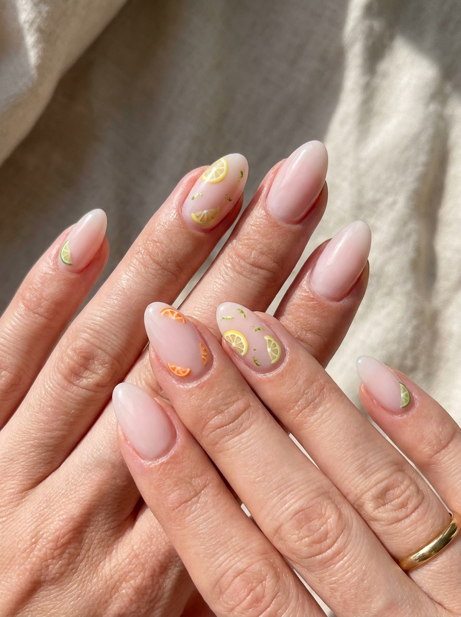 Elegant Citrus Nude Nails mit feinen Zitronen-, Limetten- und Orangen Details